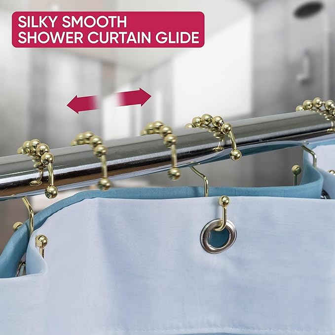 Shower Curtain Hooks Rust Proof (Set of 12) - Stainless Steel Shower Curtain Rings - Anti Slip Roller Balls for Easy Glide (Double Anchor Hooks, Polished Gold)