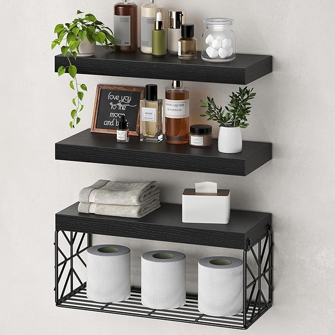 Bathroom Shelves Over Toilet Set of 3, Floating Shelves for Wall Toilet Paper Storage, 1.5" Thick Hanging Shelf, Farmhouse Wall Decor for Bathroom, Living Room, Office, Kitchen, Black 4001BJBB