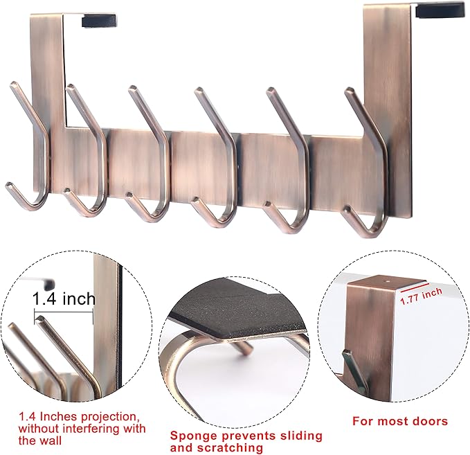 Dseap Over The Door Hook Hanger - 6 Hooks Over Door Coat Rack for Hanging Clothes Hat Towel, Antique Copper
