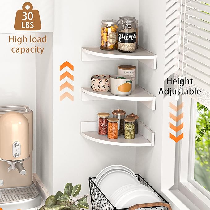 Fun Memories Corner Shelf Wall Mount, Wood Floating Corner Shelves, Corner Wall Shelf for Bedroom, Bathroom, Kitchen, Living Room (White, 3 Pack)