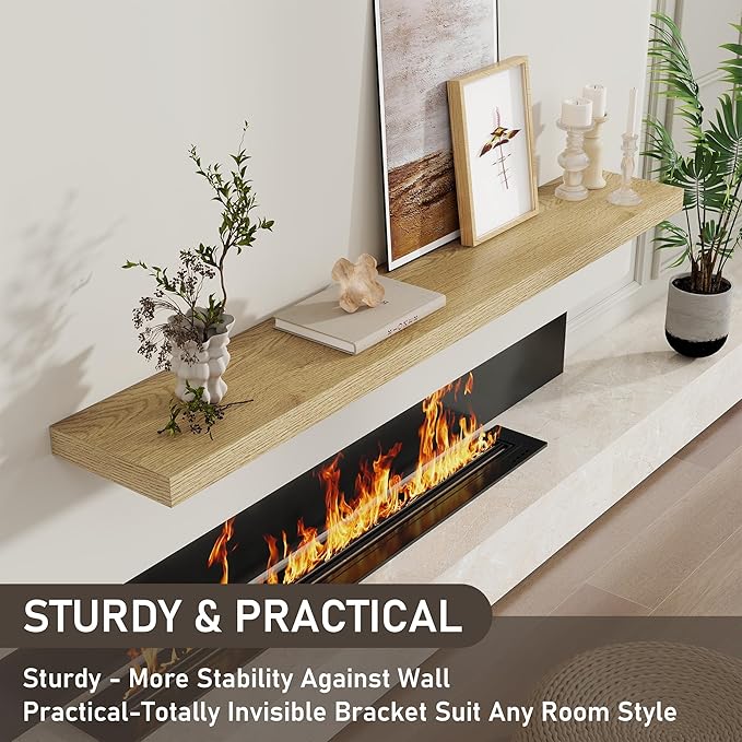 Fun Memories 72 Inch Floating Shelves for Wall 8 Inch Deep Oak Shelves Set of 2, Wall Mounted Rustic Wood Long Floating Shelf, Large Display & Storage Shelf with Invisible Brackets
