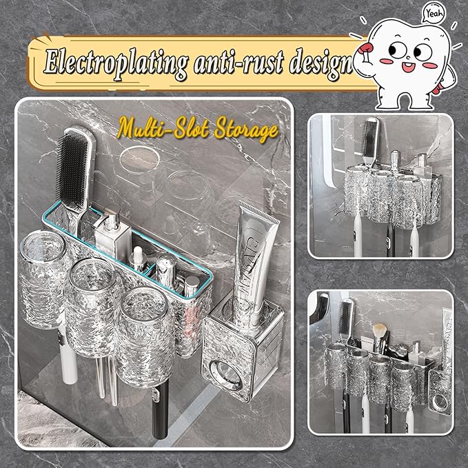 Toothbrush Holders Combo Set for Bathroom，3 Cups Toothbrush Holder Wall Mounted with Organizer，Gift 3 Count Ultra Fine Soft Bristle Crystal Tooth Brush and Wall Mounted Toothpaste Squeezer
