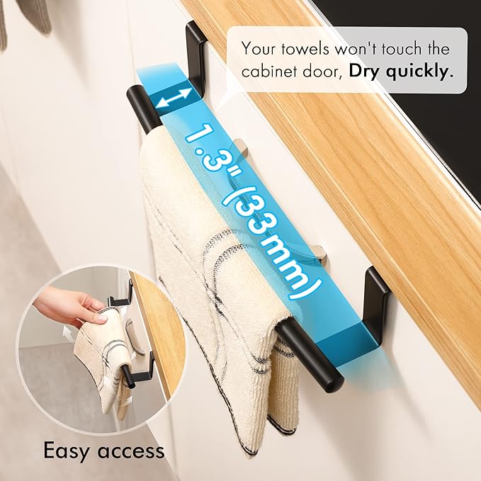 KES Over The Door Towel Rack, Over Cabinet Towel Bar Kitchen Bathroom Towel Holder Storage Dish Towel Holder, Over Cabinet Cupboard Door Towel Bar, Matte Black 2 Pack, KTH500S26-BK-P2