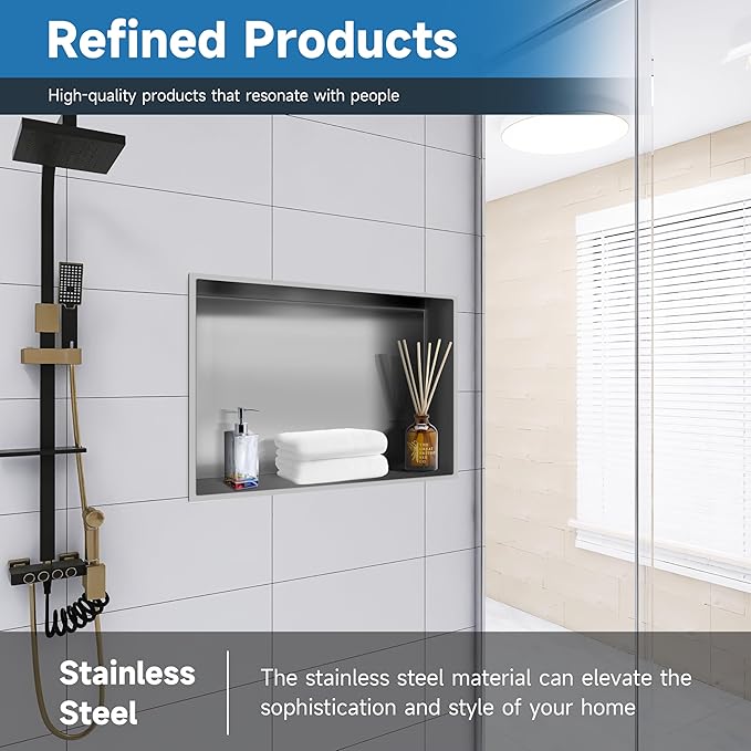 Shower Niche 18" X 12" Brushed Nickel, Stainless Steel Wall Niche Single Shelf Recessed Shower Shelf for Bathroom Storage, No Tile Needed Over Mount Installation