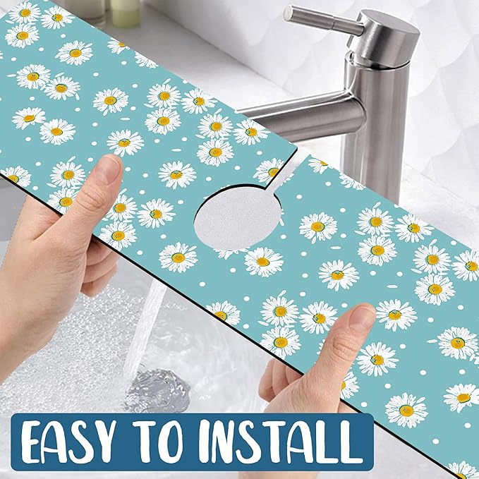 Cute Daisy Sink Splash Guard Faucet Mat White Daisies Super Absorbent Fast Drying Mat Sink Gadgets-Splash Guard Behind Faucet Drip Catcher for Kitchen Bathroom, 23.5"x5.5"