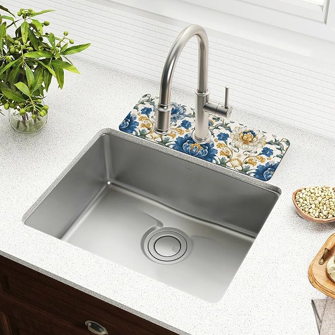 Kitchen Sink Splash Guard 2 PCS 30 Inch Sink Faucet Mat Splash Guard for Bathroom Countertop Water Absorbent Foldable Cuttable Soft Washable Royal Floral Blue and Yellow Tile