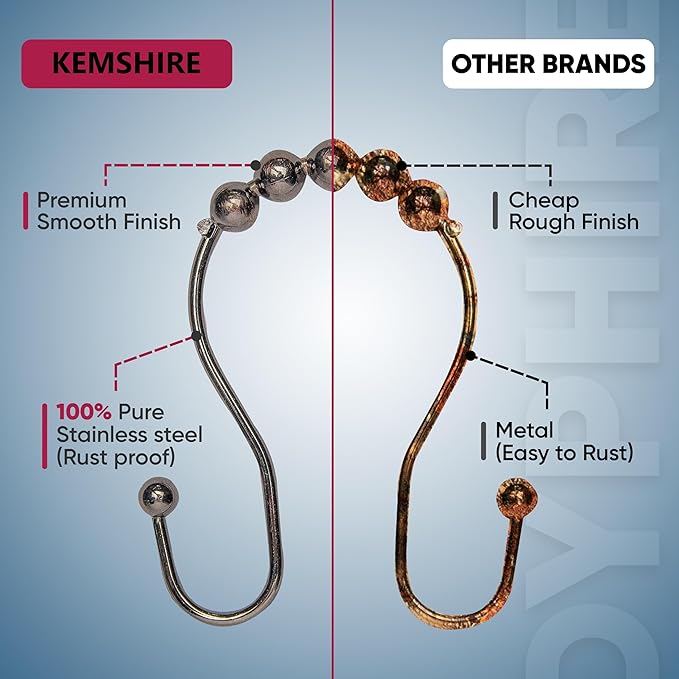 Shower Curtain Hooks Rust Proof (Set of 12) - Stainless Steel Shower Curtain Rings - Anti Slip Roller Balls for Easy Glide (Omega Double Hooks, Bronze)