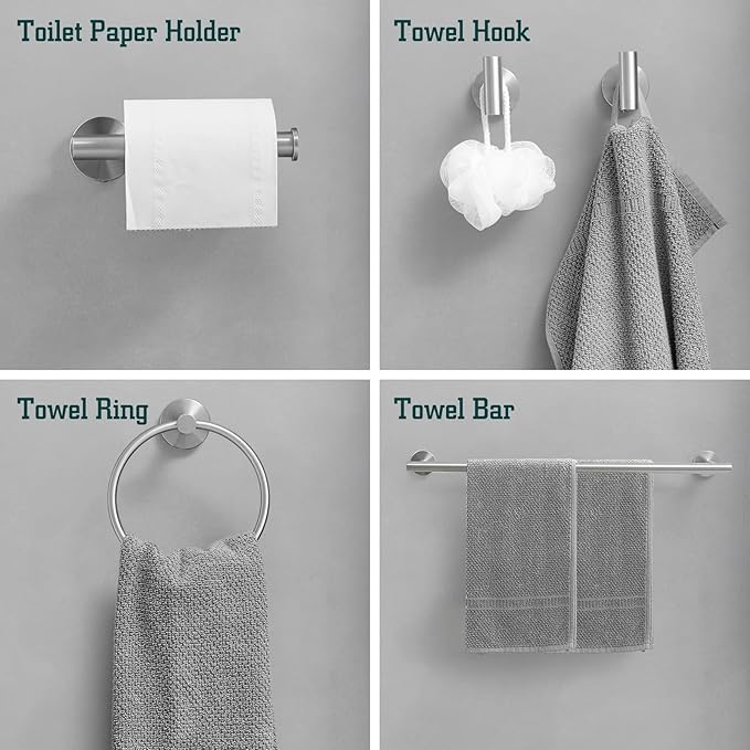 5Pcs Bathroom Hardware Set, Towel Racks for Bathroom Wall Mount, Stainless Steel Towel Bar Set with Toilet Paper Holder Hand Towel Holder Robe Hook Accessory Kit, Brushed Nickel