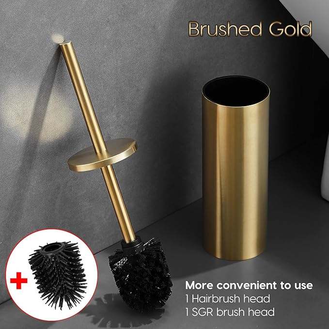 Toilet Bowl Brush Stainless Steel Gold Toilet Brush and HolderSet，Silicone + Bristle Dual-Head Toilet Brush Holder (Gold)