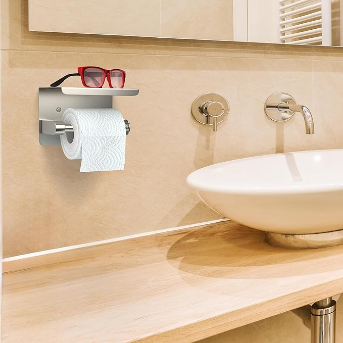 Brushed Nickel Toilet Paper Holder with Shelf, SUS304 Stainless Steel Wall Mounted, Dual Installation Adhesive or Screw, Rustproof Modern Bathroom Tissue Roll Holder