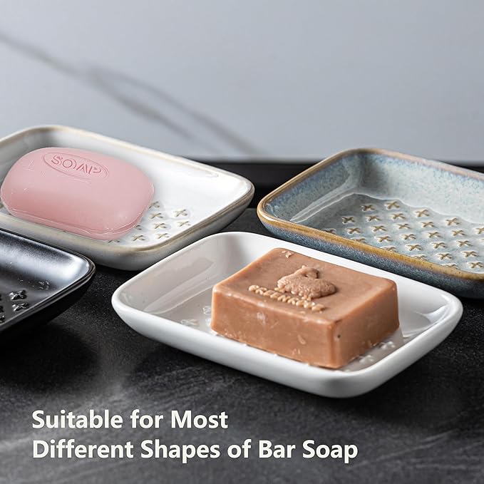 Gomakren Ceramic Soap Dish, Non-Slip Shower Soap Holder for Bathroom & Kitchen Sink, Soap Saver Tray for Bar Soap Sponge, 5.5 Inch, White