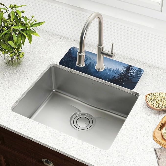 Kitchen Sink Splash Guard 2 PCS 30 Inch Sink Faucet Mat Splash Guard for Bathroom Countertop Water Absorbent Foldable Cuttable Soft Washable Watercolor Winter Mountain Blue
