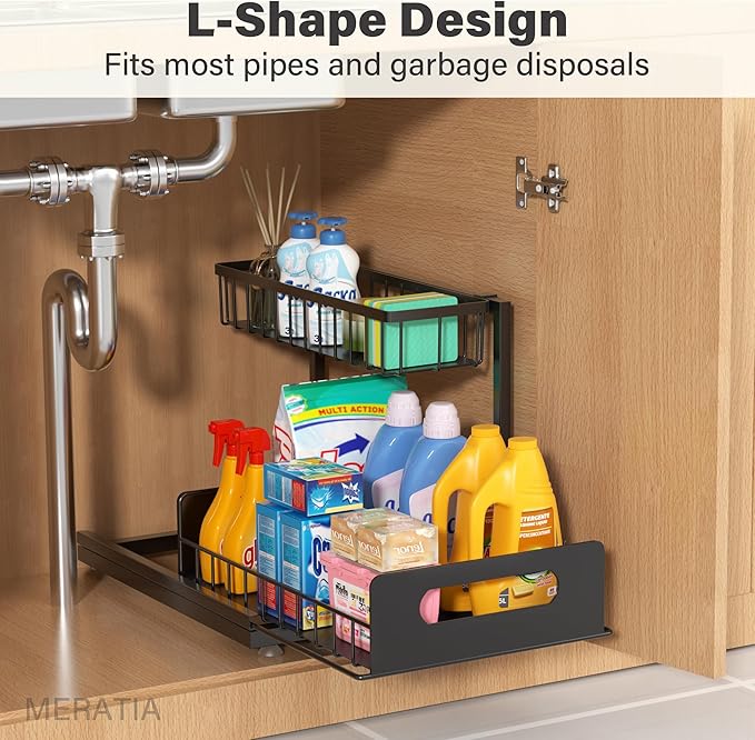 2 Pack Under Sink Organizer, 2 Tier Pull Out Cabinet Organizer,Slide out Metal Cabinet Organizers Multi-Purpose Drawer Shelf for Kitchen Bathroom Pantry Cabinet Closet Organization Rack,Black
