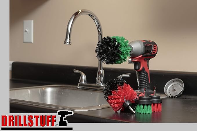 4-Piece Cordless Drill Scrub Brush Attachment Kit, Medium Green and Stiff Red Versions, Stainless Steel Handle