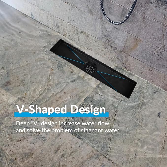 12 Inch Linear Shower Drain Bathroom Kitchen Matte Black Floor Drain Removable Capsule Pattern Cover Accessories Shower Drain 304 Stainless Steel Drain with Hair Strainer Adjustable Leveling Feet