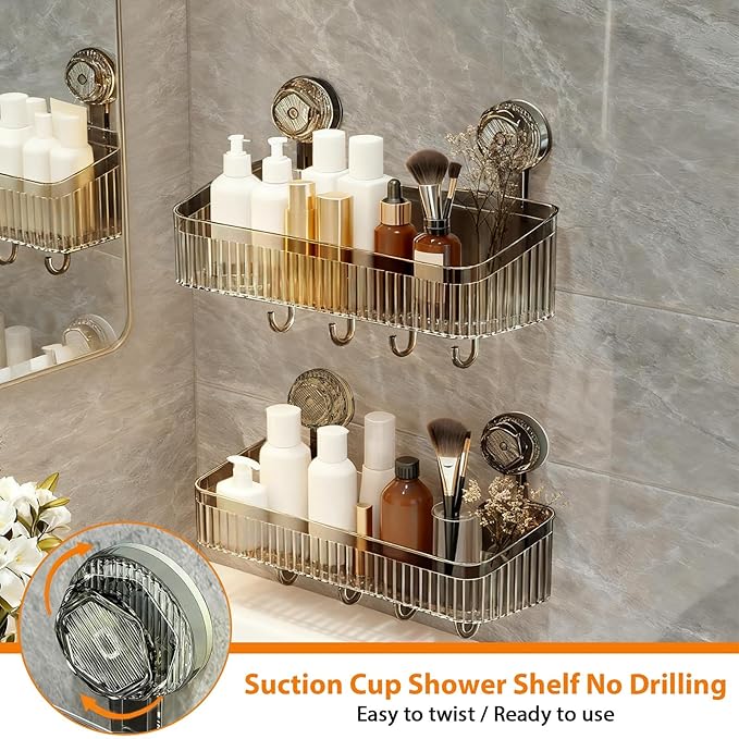 3 Pack Suction Cup Shower Caddy, Black Shower Shelves No Drilling with Movable Hooks & Toothbrush Holder, Wall Storage Shelves for Bathroom, Kitchen