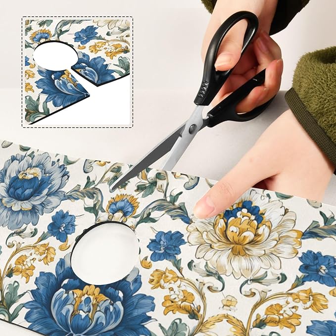 Kitchen Sink Splash Guard 2 PCS 30 Inch Sink Faucet Mat Splash Guard for Bathroom Countertop Water Absorbent Foldable Cuttable Soft Washable Royal Floral Blue and Yellow Tile