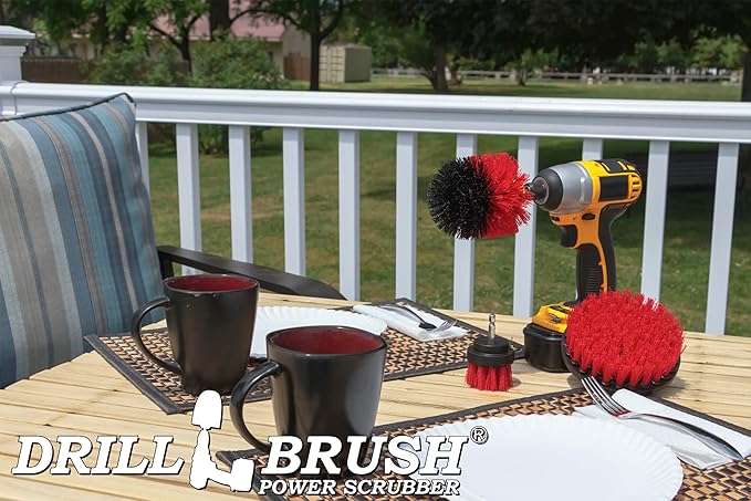 Outdoor Cleaning Supplies - Red Stiff Nylon Bristle Outdoor Scrubbing Kit - Fountain Scrub Brush - Concrete Scrubber Brush - Stone Stain Cleaning Tools - Brick Brushes - Patio Scrubber - Clean Deck