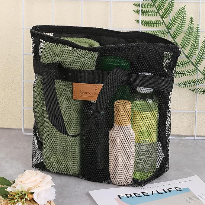 KALIONE Mesh Shower Caddy Bag, Portable Gym Shower Bag, Quick Dry Hanging Toiletry and Bath Organizer with Zipper for College Dorm, Gym, Yoga, Swimming Pool, Travel(Black)