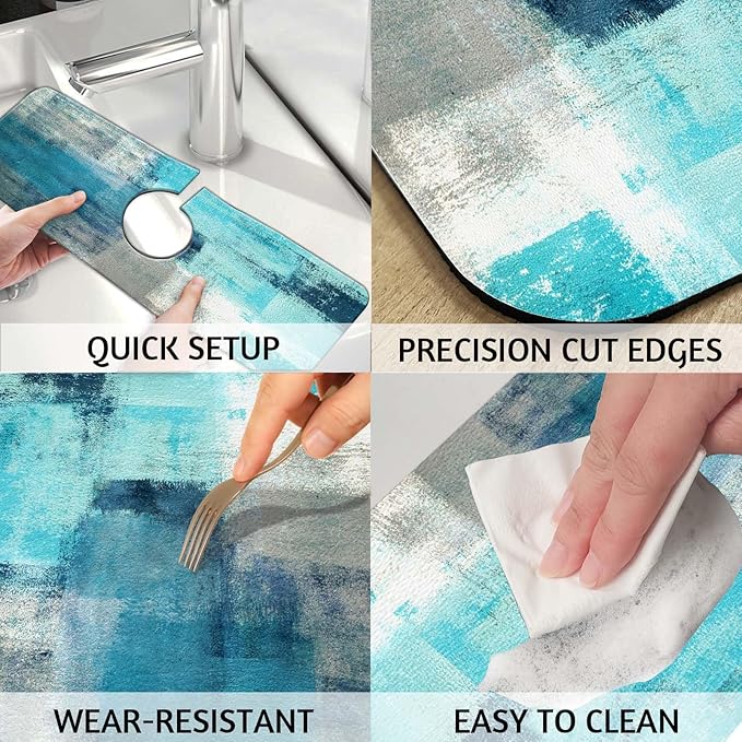 MCALK Turquoise Kitchen Sink Faucet Mat Splash Guard, Absorbent Quick-Dry Kitchen Sink Mat - Ideal for Splash Guard & Drip Catching with Abstract Art Decor( 1pc 15"x5.5")
