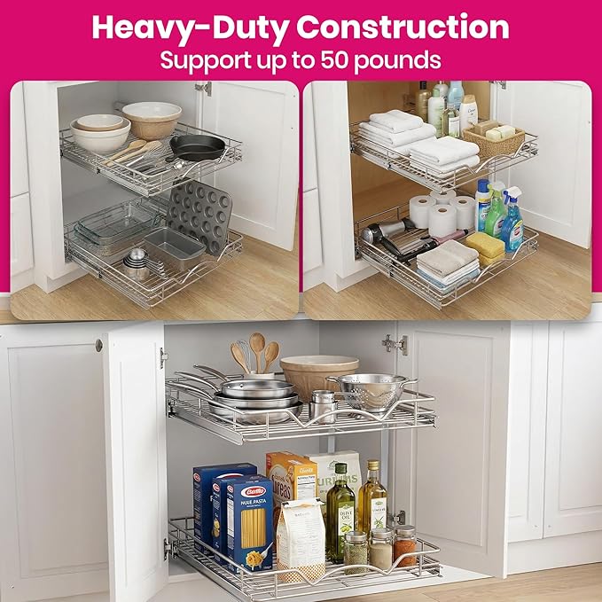 HOLDN’ STORAGE Two Tier Pull Out Cabinet Organizer, Individual Sliding Drawers - Heavy Duty Metal with Lifetime Limited Warranty - Anti Rust Chrome Finish - 11" W x 21”D x 16.5" H