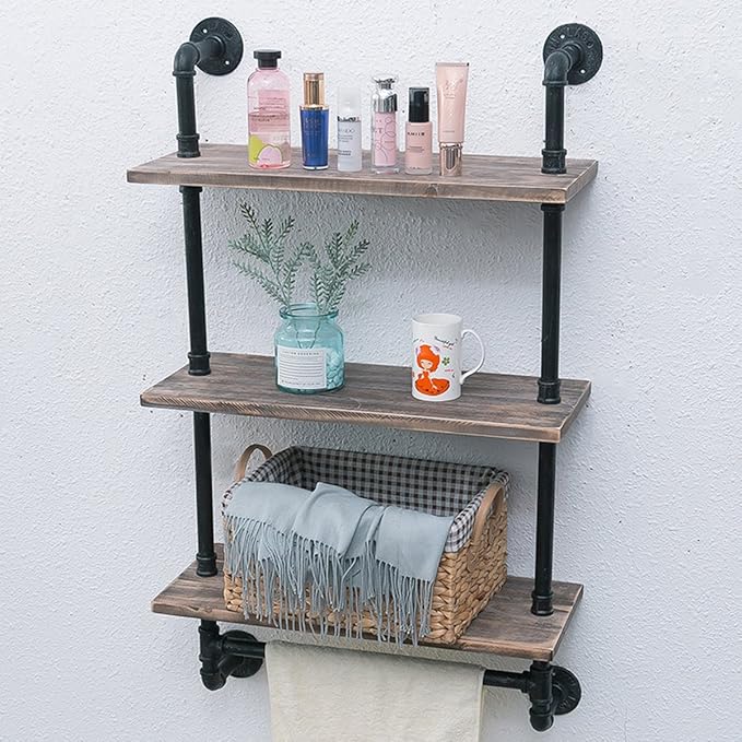 MBQQ 3 Tier Shelving Bathroom Pipe Shelves with Towel Bar Over Toilet, 24 inch Pine Wood Floating Shelves for Wall Mounted Bedroom,Kitchen, Farmhouse, Living Room