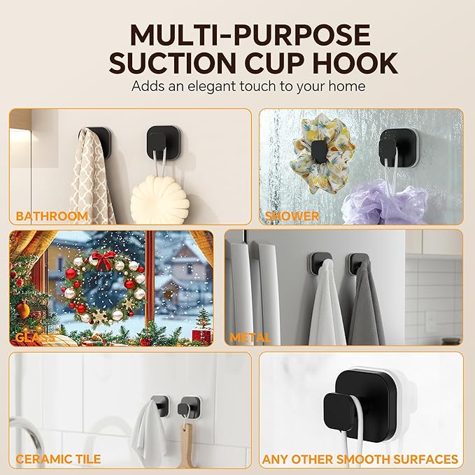 4 Pack Stainless Steel Suction Cup Hooks for Shower, Removable No Drill Towel Hooks for Bathroom Glass Door Mirror Tile, Waterproof Rustproof Suction Hooks for Loofah, Bath Robe, Coat, Matte Black