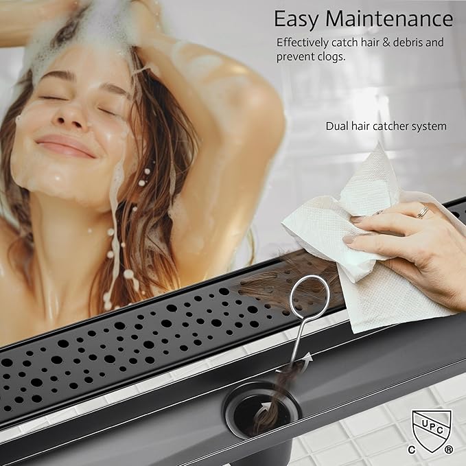 28 Inch Linear Shower Drain, Matte Black Shower Drain,Removable Grate, 304 Stainless Steel, Easy to Install and Clean for Bathrooms (Drain Base Not Included), LSD-19A-28B