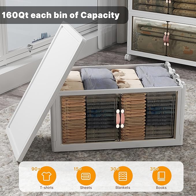 Extra Large Stackable Storage Bins with Lids & Wheels & Door, 640QT-160QT/40GAL*4Pack Foldable Collapsible Closet Organizers, Plastic Containers Drawers for Bedroom Dorm Garage Sturdy MAX