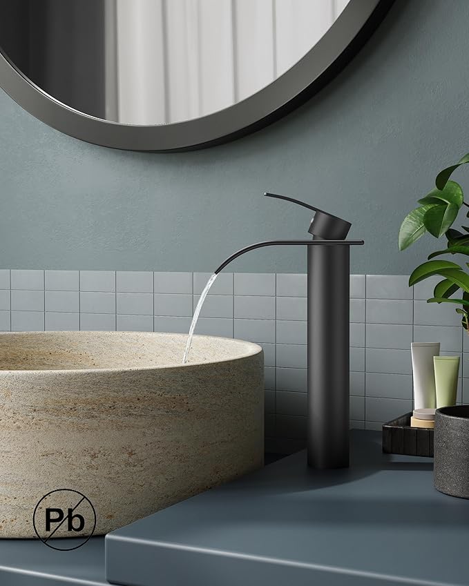 FORIOUS Waterfall Bathroom Vessel Sink Faucets with Metal Pop up Drain and Lead-Free cUPC Hose, Mate Black Single Handle Tall Bathroom Faucet 1 Hole, 11inch for Bath,Vessel