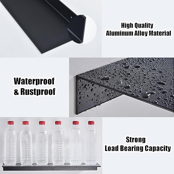 Black Shower Shelves Rustproof & Waterproof, 40cm Adhesive Shower Caddy 2 Pack, Metal Bathroom Floating Shelves No Drilling Bathroom Wall Storage Organizer