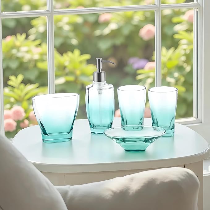 Teal Glass Bathroom Accessories Set 5 Pieces – Green Bathroom Set with Soap Dispenser, Toothbrush Holder, 2 Tumbler Cups, Soap Dish