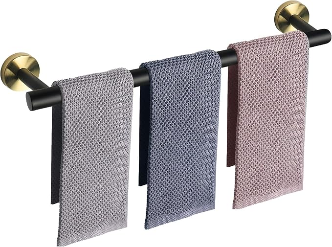 NearMoon Bath Towel Bar, Thicken Stainless Steel Shower Towel Rack Holder Wall Mounted for Bathroom, 33-lnch Overall Length-30-lnch Usable Hanging Space (1 Pack, Matte Black & Gold)