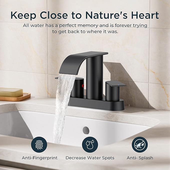 FORIOUS Matte Black Bathroom Faucets, Waterfall 4 Inch Centerset Bathroom Sink Faucet with Metal Pop up Drain and cUPC Hose for Basin, Vanity, RV, Pedestal 2 or 3 Hole Sink
