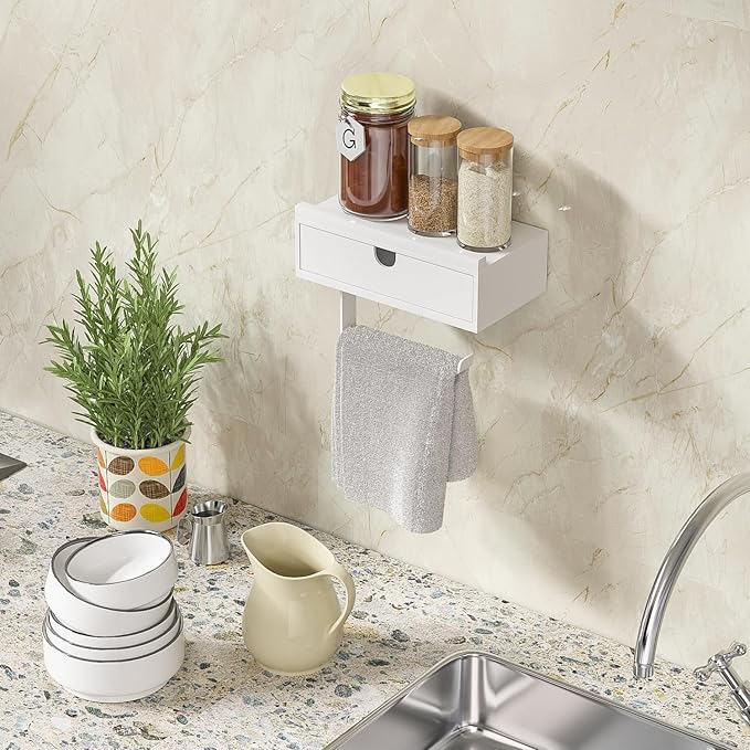 Domax Compact 7.36" Bamboo Toilet Paper Holder with Shelf and Storage Drawer - Wall Mount or Adhesive Bathroom Organizer for Tampons, Small Items, Space-Saving Design, White