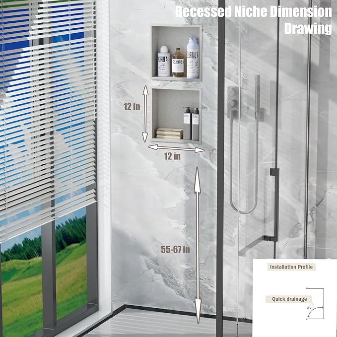 No Tile Needed Shower Niche for Bathroom Storage,Recessed Wall Niche,Shower Shelf,Stainless Steel (Brush, 12 * 12 in)