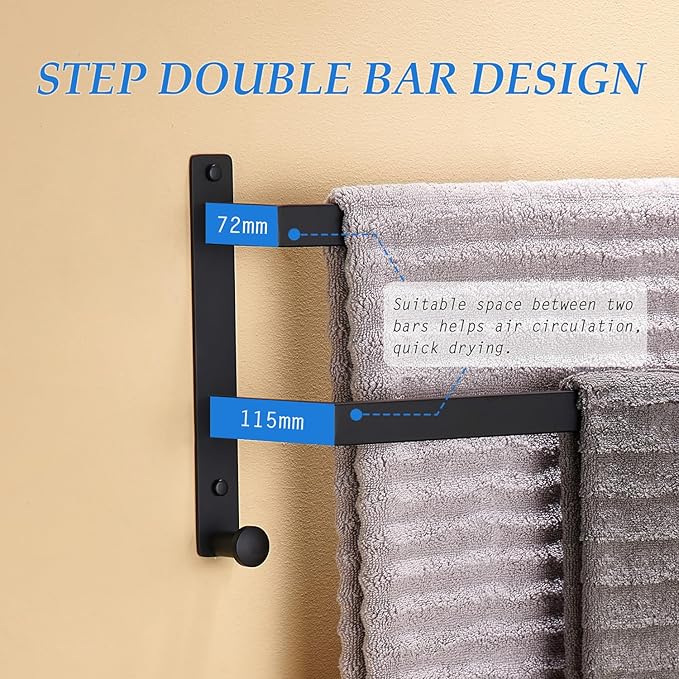 24 Inch Double Towel Bar with Hooks Matte Black, Stainless Steel Bath Shower Towel Rack Wall Mounted Towel Rod Holder for Bathroom