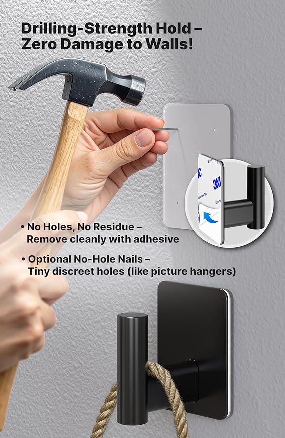 Adhesive Towel Hooks for Bathrooms, Set of 4 Black Self-Adhesive Robe Rack, Heavy Duty Hooks - Includes Backup Mounting Nails Black, No Drill Needed