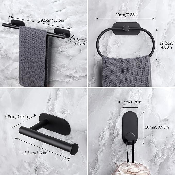 JiGiU Self Adhesive Towel Bar Bathroom Hardware Set Include 16-Inch Bath Towel Bar,Toilet Paper Holder Towel Ring & 3 Packs Towel Hooks Stainless Steel Wall Mount No Drill Sticky on Towel Holder Kit