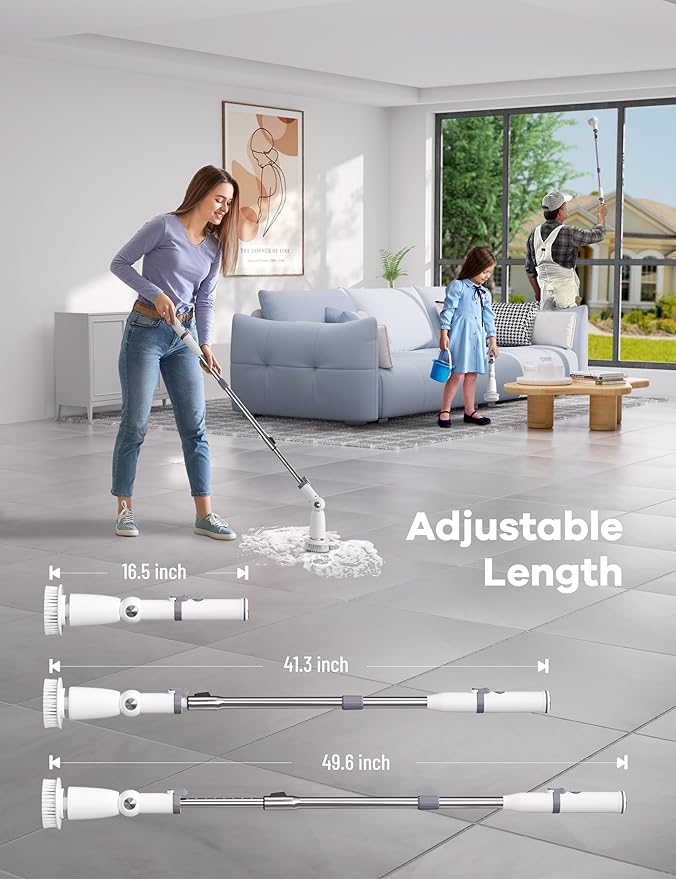 Electric Spin Scrubber,Floor Scrubber with Long Handle Power Scrubber Dual Speeds,Cleaning Brush Cordless,Shower Scrubber Scrub Brush with 3 Adjustable Angles,8 Brush Heads for Bathroom,Tile