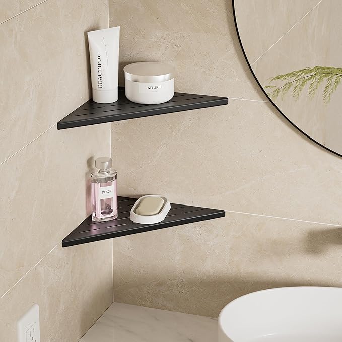 Neodrain 10 in Matte Black Corner Wall Shelf Set of 2, Floating Corner Shelves for Wall, 304 Stainless Steel Shower Storage Shelves for Bathroom, No Drilling