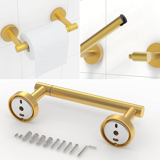 3pc Bathroom Hardware Set with Brushed Brass Toilet Paper Holder & Towel Ring & Towel Bar SUS304 Stainless Steel Toilet Paper Roll Holder Wall Mount & Bathroom Towel Holder & Towel Rack Set