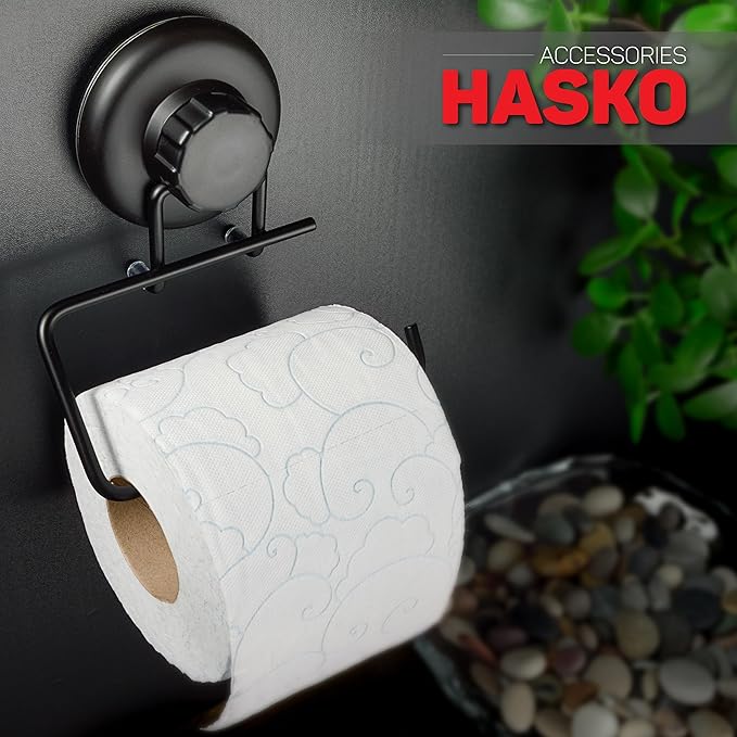Powerful Vacuum Suction Cup Toilet Paper Holder – Wall Mount No Drilling Bathroom Stainless Steel Tissue Roll Dispenser – Adhesive 3M Stick Disc Included (Black)