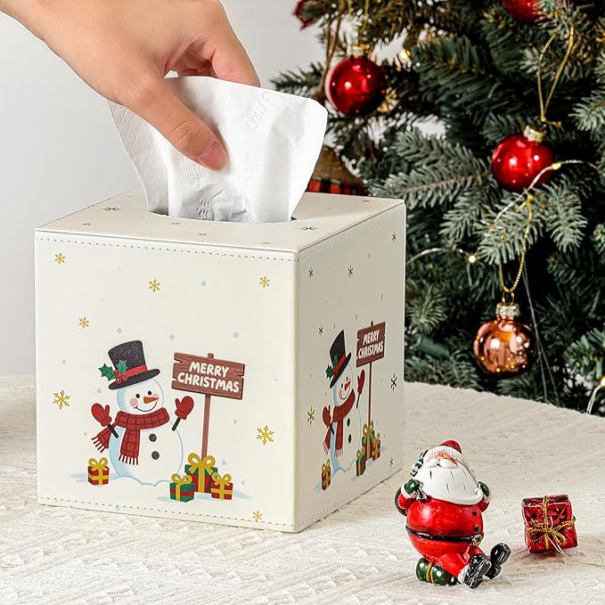Luxspire Christmas Tissue Box Cover, 5.51" Square Tissue Box Cover with Magnetic Closure, Tissue Box Holder Christmas Decor for Living Room Bedroom Countertop Cars Hotels, Christmas Snowman