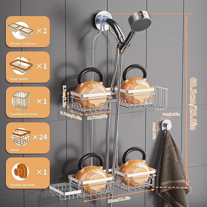 Shower Caddy Hanging - Over Shower Head Caddy, 0.82 inch Universal with 2 Shelves, Soap Holder, Toothbrush Holder & Reusable Suction Hook, Complete Silver Bath Organizer Set