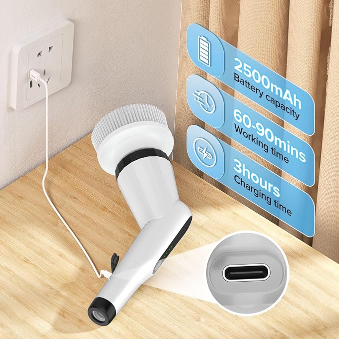 Electric Spin Scrubber, Dreazu IPX7 Shower Scrubber with 7 Replaceable Brush Heads & Retractable Handle, 2-Speed Adjustable Shower Cleaner for Bathroom, Bathtub, Kitchen, Tile Floors