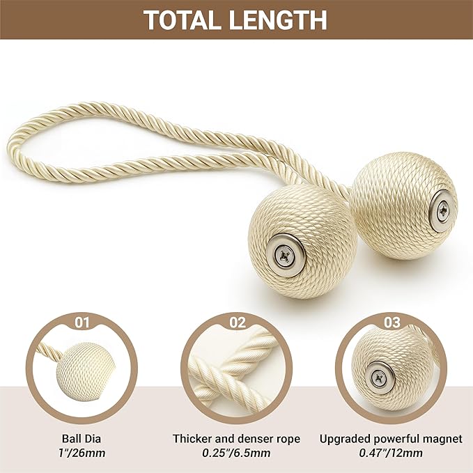 Hion Magnetic Curtain Tiebacks Beige 4 Pack, Curtain Tiebacks Buckles Holdbacks Holders Hooks Clip for Home Bedroom Office Decorative Thick or Thin Curtain