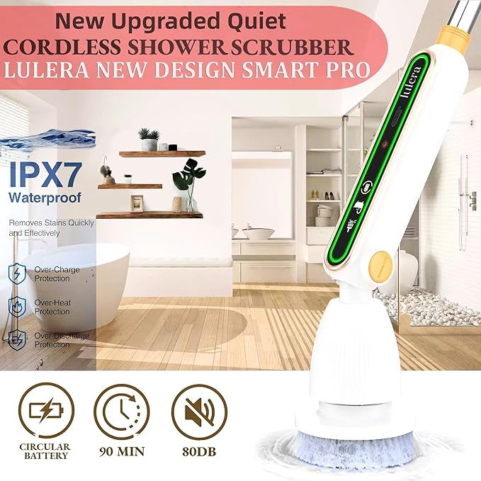 Smart Electric Spin Scrubber PRO| 2025 New Upgraded Quiet Cordless Shower Scrubber with 8 Replaceable Brush Heads|IPX7 Waterproof for Bathroom Tile Grout Kitchen Oven & Floor|Powerful and Efficient