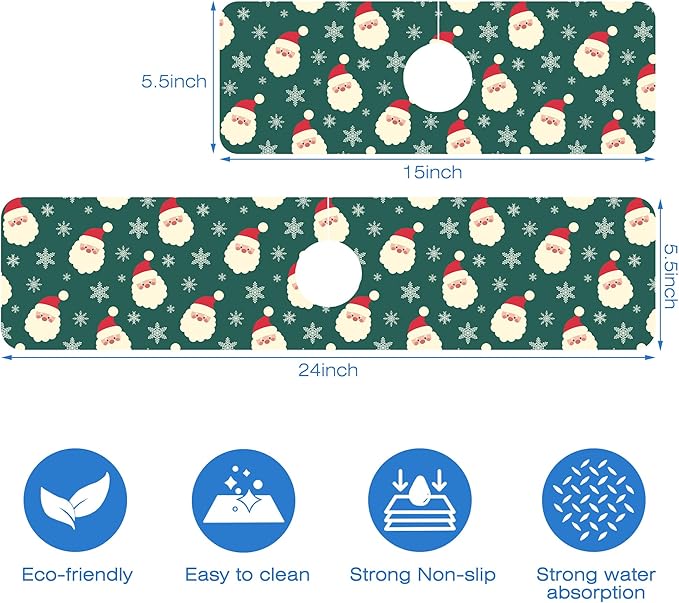 Christmas Kitchen Sink Splash Guard Mat Santa Claus and Snowflakes Sink Splash Guard Faucet Mat Draining Mat Fast Drying Sink Protectors for Kitchen and Bathroom 5.5"×24"