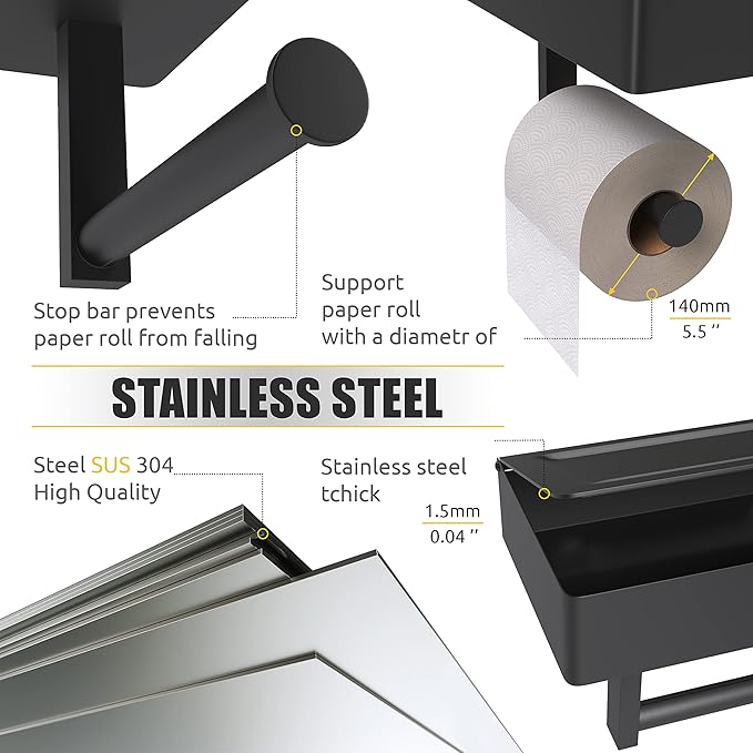 Matte Black Toilet Paper Holder Wall Mounted with Shelf & Wipes Storage – Stainless Steel SUS304 Modern Toilet Tissue Roll Holder for Bathroom, Kitchen – Adhesive and Screw Installation